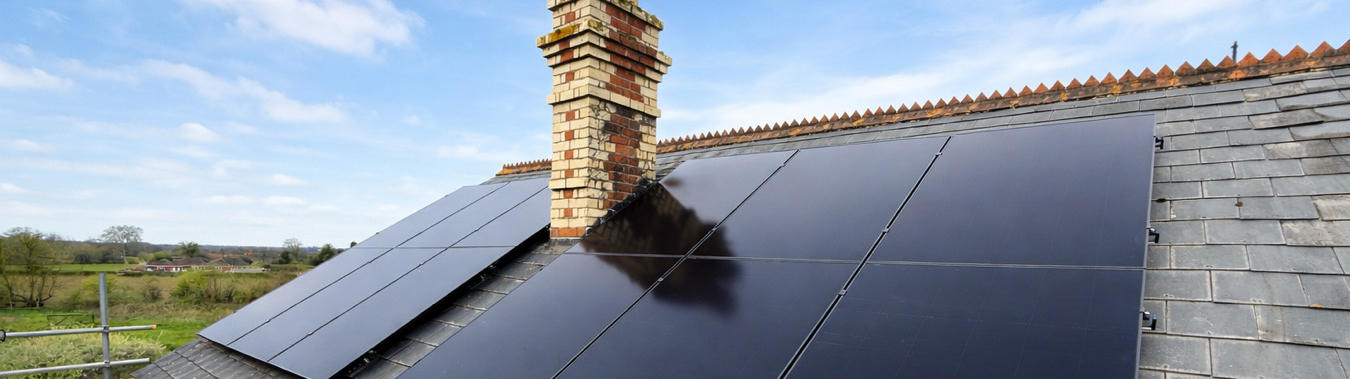 Black solar panels on a slate roof beside a chimney, fields beyond